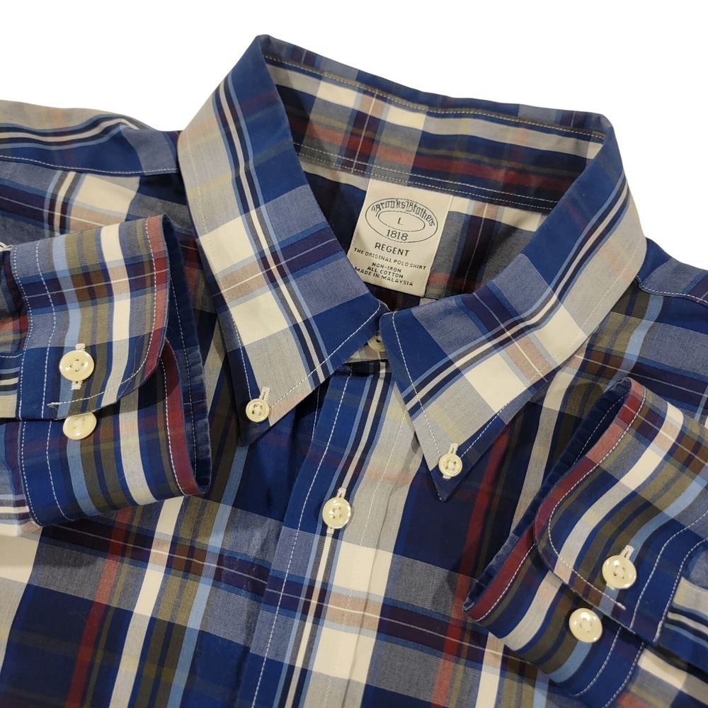 Brooks Brothers Button-Down Men's Large 1818 Regent Blue Plaid Non-Iron Cotton